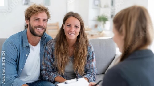 Two people, a man and a woman, sit on a couch smiling at a therapist in a bright, casual counseling room.