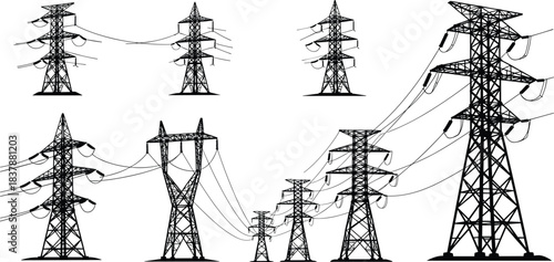High-voltage transmission towers vector illustration, diverse pylon designs, electrical grid infrastructure, power line silhouettes, engineering schematic style, energy distribution concept
