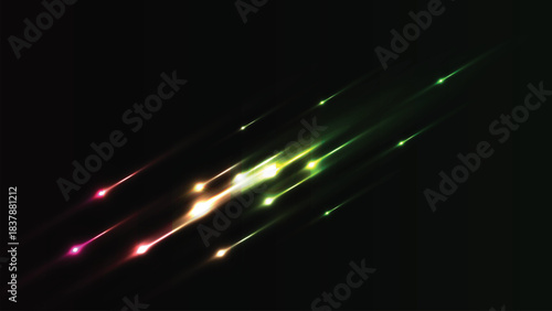 Abstract colorful meteor shower or shooting stars streaking across a dark night sky background, dynamic light trails, vibrant cosmic event illustration