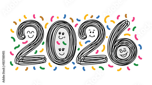 New Year 2026: A playful and whimsical illustration of the year 2026, where the numbers come alive with smiling faces, surrounded by colorful confetti, symbolizing joy and celebration.