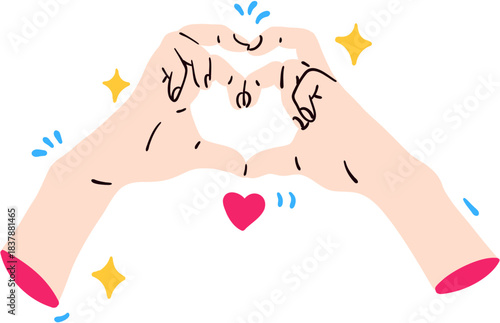 Cute Hand Heart Gestures Illustration, Finger Heart and Love Sign, Kawaii Romantic Hands With Pink Heart and Sparkles, Isolated