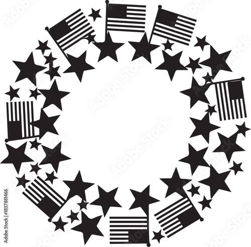 Circular wreath of american flags and stars for patriotic holidays