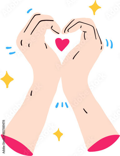 Cute Hand Heart Gestures Illustration, Finger Heart and Love Sign, Kawaii Romantic Hands With Pink Heart and Sparkles, Isolated