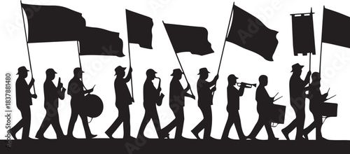 Silhouette of a marching band with flags and drums