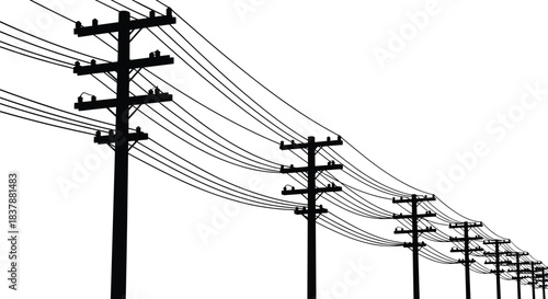Linear perspective of utility poles and overhead power lines, multiple crossarms and insulators, electrical distribution infrastructure receding into distance, industrial landscape