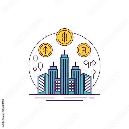 Modern city skyline with dollar coins representing financial growth and investment