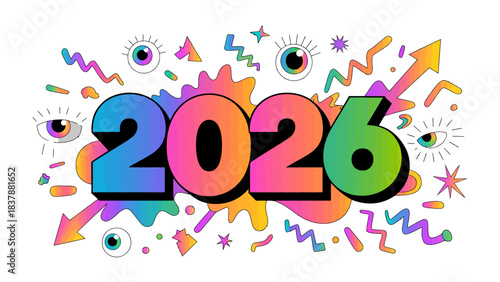 Year 2026: An abstract composition displays the year 2026 prominently with vibrant hues and creative elements, capturing a sense of anticipation and optimism for the future.