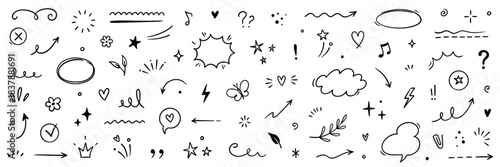 Cute line brush star, arrow, heart vector element icon set. Hand drawn sketch doodle cute star, heart, flower element. Line text decoration scribble decoration icon. Hand drawn Vector illustration