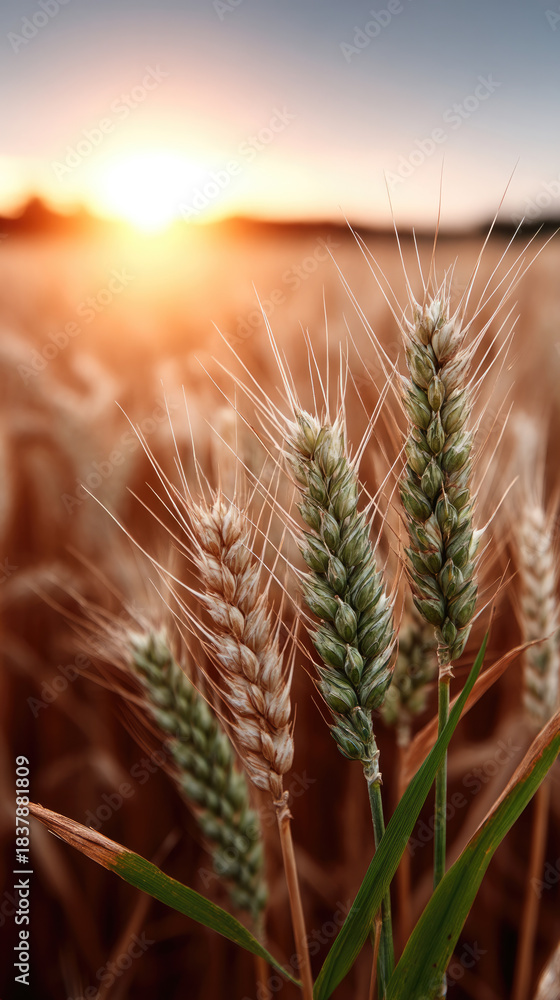Fototapeta premium Golden wheat field sunrise closeup wheat ear rural landscape agriculture morning light harvest season natural beauty peaceful