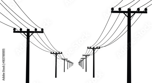 Perspective rows of wooden utility poles and high-voltage power lines receding toward the horizon, electrical transmission infrastructure, industrial landscape, geometric vanishing point