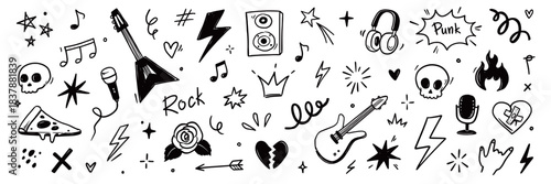 Rock and roll music icons with punk guitar stickers, grunge skulls, hand gestures, stars and tattoo style band symbols. Hand drawn grunge doodle style rock music icons. Vector illustration
