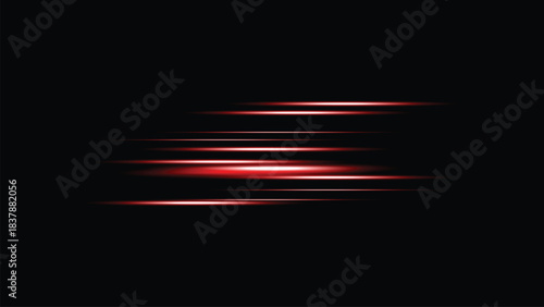 Abstract red light streaks motion blur effect on a dark background, horizontal speed lines, futuristic technology concept