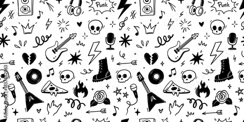 Rock music seamless pattern with guitar, skull, punk symbols. Hand drawn doodle scribbles stickers with stars, roses and love heart for rock music background, tattoo design. Vector illustration
