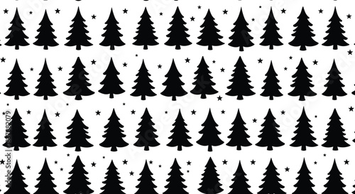Seamless black pine tree pattern, minimalist winter forest grid, repeating Christmas tree silhouettes, scattered star accents, festive holiday vector background, Scandinavian style