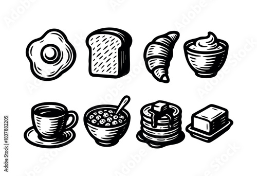 A collection of breakfast foods in black and white linework, including egg, toast, croissant, yogurt, coffee, cereal, pancakes, and butter — stock vector.