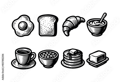 Black and white line art illustration of breakfast foods including fried egg, toast, croissant, yogurt, coffee, cereal, pancakes, and butter dish — stock illustration.