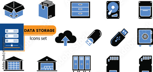 Data Storage Icons Set Including Boxes Hard Drives Cloud and USB Drives vector illustration