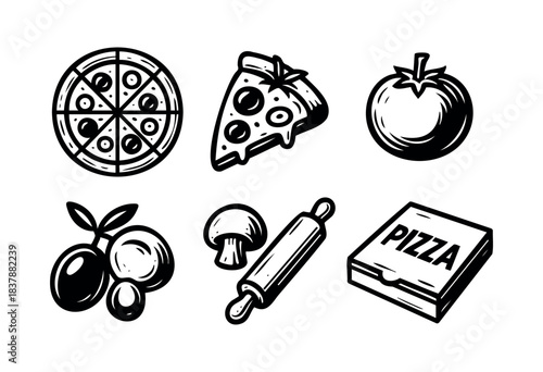 A collection of pizza-related icons including a whole pizza, a slice, tomato, olives, mushroom, rolling pin, and pizza box in a bold line style — stock illustration.