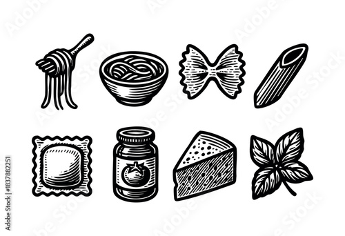 A set of monochrome Italian food icons includes spaghetti, pasta in a bowl, farfalle, penne, ravioli, tomato sauce, parmesan cheese, and basil leaves — stock vector.