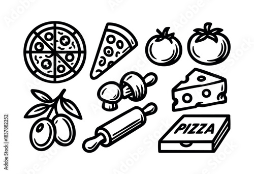 A set of pizza ingredients including pizza, tomatoes, mushrooms, olives, and rolling pin in outline style — stock vector.