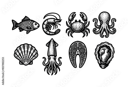 A collection of seafood illustrations, including a fish, shrimp, crab, octopus, scallop, squid, salmon steak, and oyster in black and white line art style — stock vector.