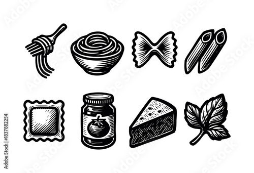 A selection of pasta shapes, tomato sauce, cheese and basil rendered in a bold, graphic style — stock illustration.