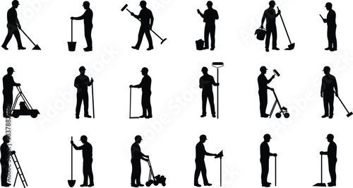 Set of sixteen construction worker silhouettes, safety helmet icons, manual labor poses, tools and equipment, maintenance and building activity vector illustration