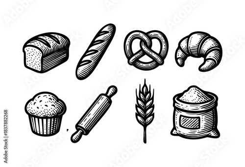 Hand-drawn black and white set of bread, croissant, pretzel, muffin, rolling pin, wheat, and flour bag — stock vector.