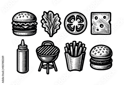 Hand-drawn black and white set with barbecue and fast food icons, including burgers, lettuce, tomato, cheese, ketchup, grill, and fries — stock illustration.