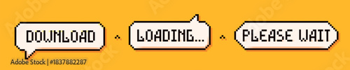 Pixel art 3 speech bubbles: download, loading and please wait words on yellow background.