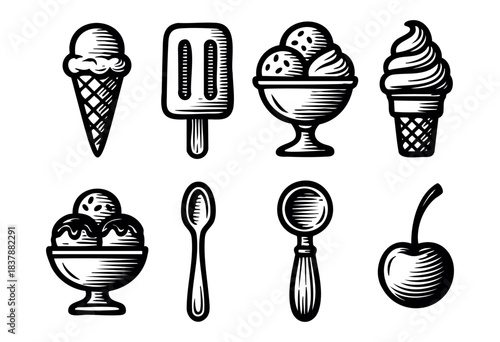 A set of black and white retro-style ice cream treats including a cone, popsicle, sundae, spoon, and cherry — stock illustration.