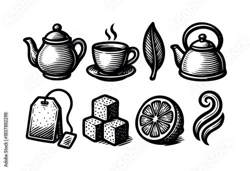 Hand-drawn tea elements including teapot, cup, tea bag, sugar cubes, lemon slice, and tea leaf in engraving style — stock illustration.