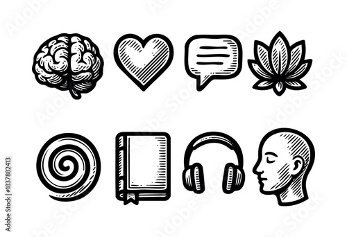 A hand-drawn collection of icons representing mental, emotional, and spiritual well-being, including a brain, heart, chat bubble, lotus, spiral, book, headphones, and meditating face — stock vector.