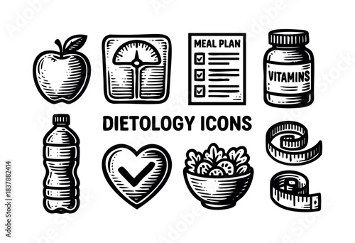 A set of dietology icons includes apple, weight scale, meal plan, vitamins, water bottle, checkmark heart, salad bowl and measuring tape arranged in a row — stock illustration.