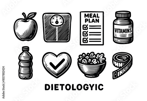 A set of dietology icons includes apple, weight scale, meal plan, vitamins, water bottle, checkmark heart, salad bowl and measuring tape arranged in a row — stock illustration.