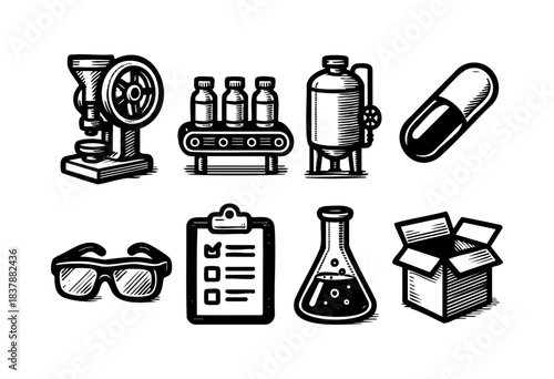 Set of pharmaceutical industry elements isolated on white background in doodle style — stock vector.
