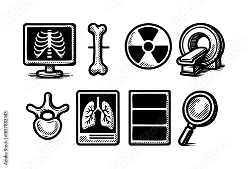 Collection of diagnostic icons depicting a bone, X-ray, MRI, CT scan, radiation hazard, and more in a sketch style — stock illustration.