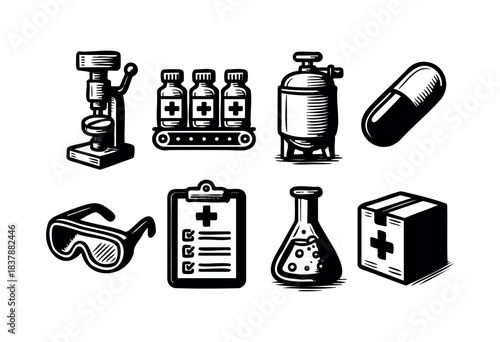 A set of monochrome icons depicting various aspects of pharmaceutical production and healthcare, including manufacturing equipment, laboratory equipment, and medical supplies — stock illustration.