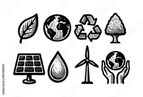 Black and white eco icons including leaf, globe, recycle, tree, solar panel, water drop, wind turbine, and hands holding globe— stock illustration.
