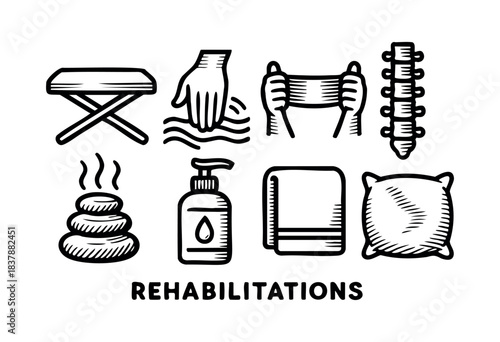 A collection of line art icons representing rehabilitation therapies and tools for body care — stock vector.