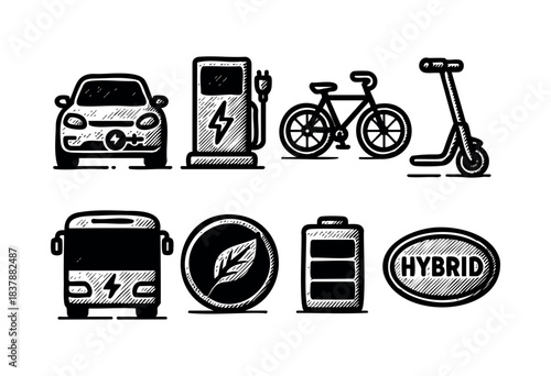 Hand-drawn black and white icons featuring sustainable transport and green energy sources, including electric vehicles, bikes, and battery, showing ecological awareness — stock vector.