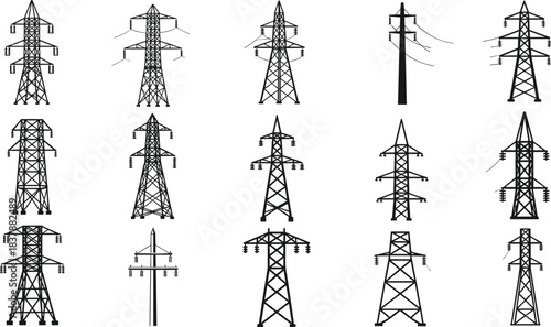 Set of sixteen electrical transmission tower silhouettes, vector collection showcasing diverse pylon designs, high‑contrast icons for energy infrastructure, engineering and utility illustrations