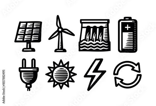 A set of hand-drawn icons representing renewable energy sources and symbols, including solar panel, wind turbine, hydroelectric dam, battery, plug, sun, lightning, and recycle arrows — stock vector.
