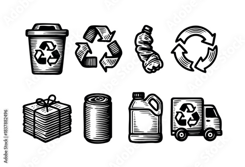 Set of black and white recycling icons representing different materials and processes, including paper, cans, plastic bottles, and recycling trucks, in a woodcut style — stock vector.
