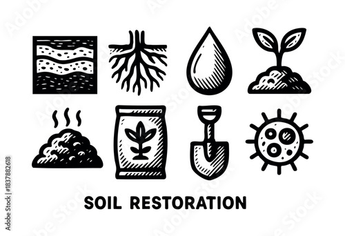 Collection of hand-drawn soil restoration themed icons showing soil layers, plant roots, water, growing plant, compost, fertilizer, shovel, and a virus, isolated on white — stock illustration.