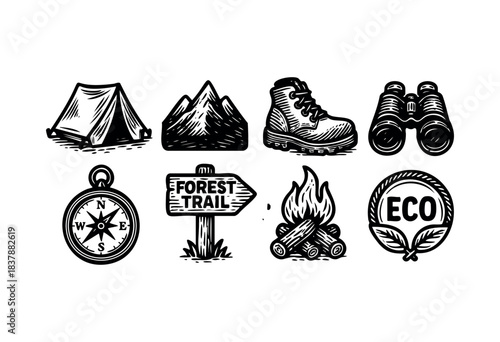 Collection of outdoor adventure icons with camping gear and hiking equipment in sketch style — stock vector.