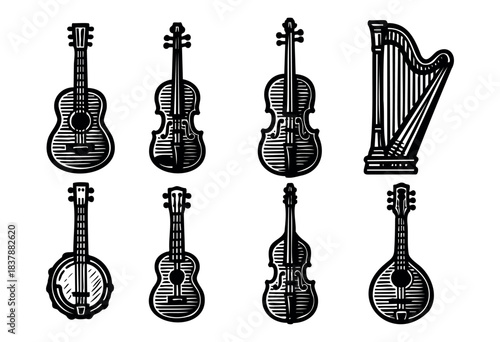 A collection of stringed musical instruments in a vintage, engraved style — stock illustration.