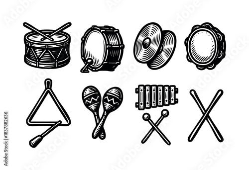 A collection of percussion instruments including drums, cymbals, maracas, and xylophone in black and white style — stock illustration.