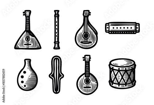 Hand-drawn monochrome set featuring various folk musical instruments isolated on white — stock vector.