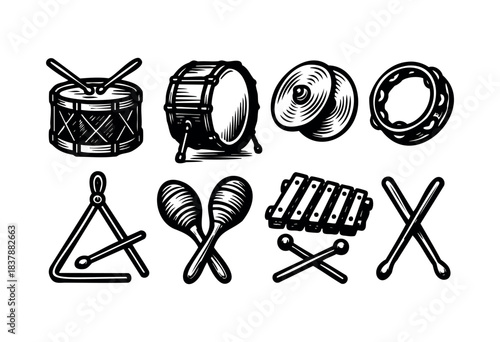 Set of engraved-style percussion musical instruments including drums, cymbals, maracas and a xylophone — stock vector.